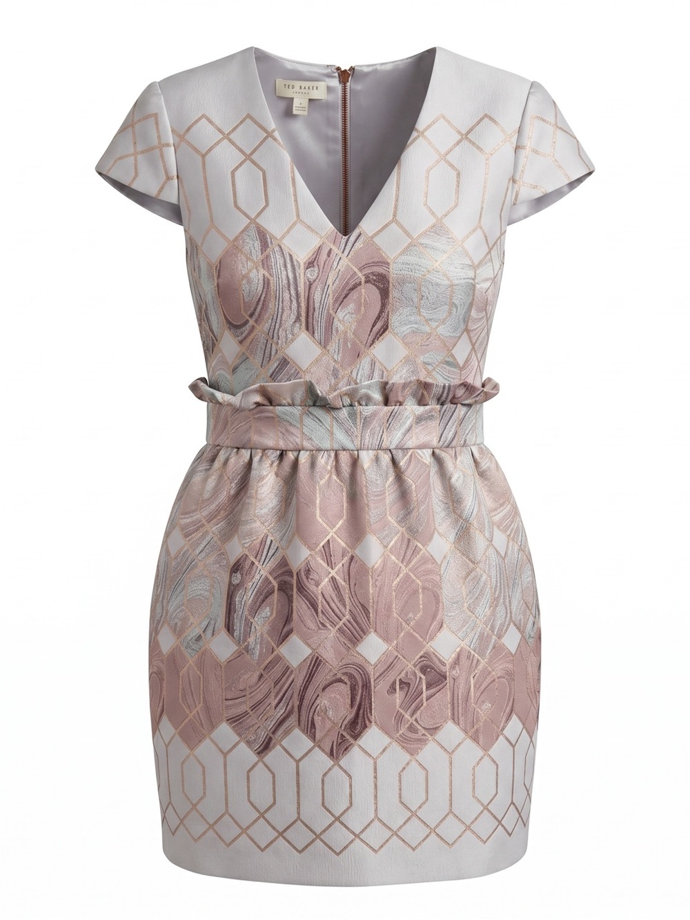 Ted Baker London Ingrida Jacquard Dress Mid Pink Gold Grey V-Neck Size 3
